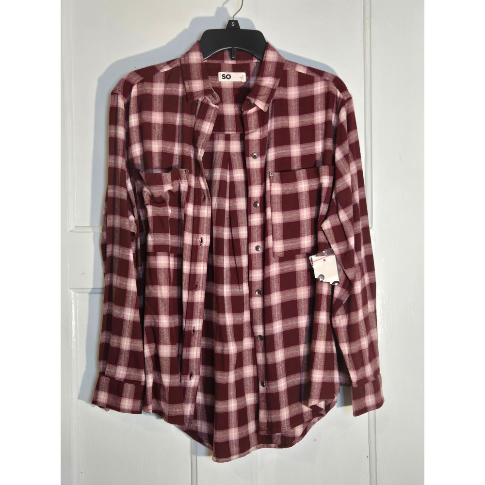 SO Womens Burgundy Pink Plaid Flannel Button Down Shirt Size Small NWT